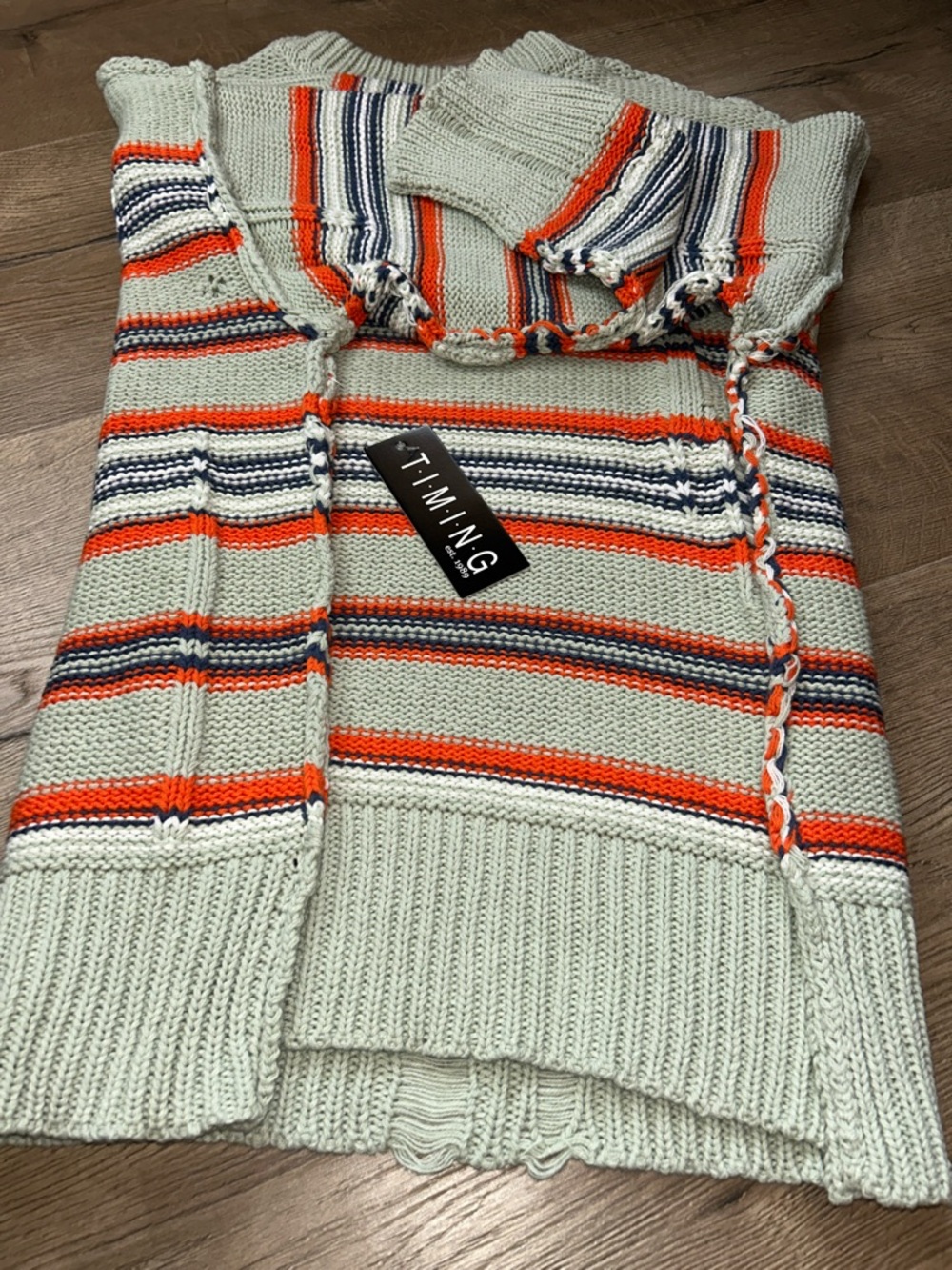 Timing Destructed Mint Green Crewneck Sweater with Orange and Navy Stripes
